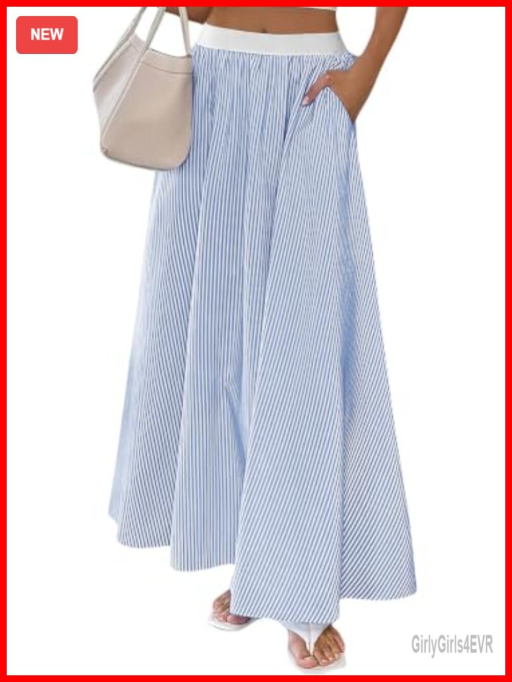 Striped Maxi Skirt with Pockets Elastic Waist A-Line Cotton